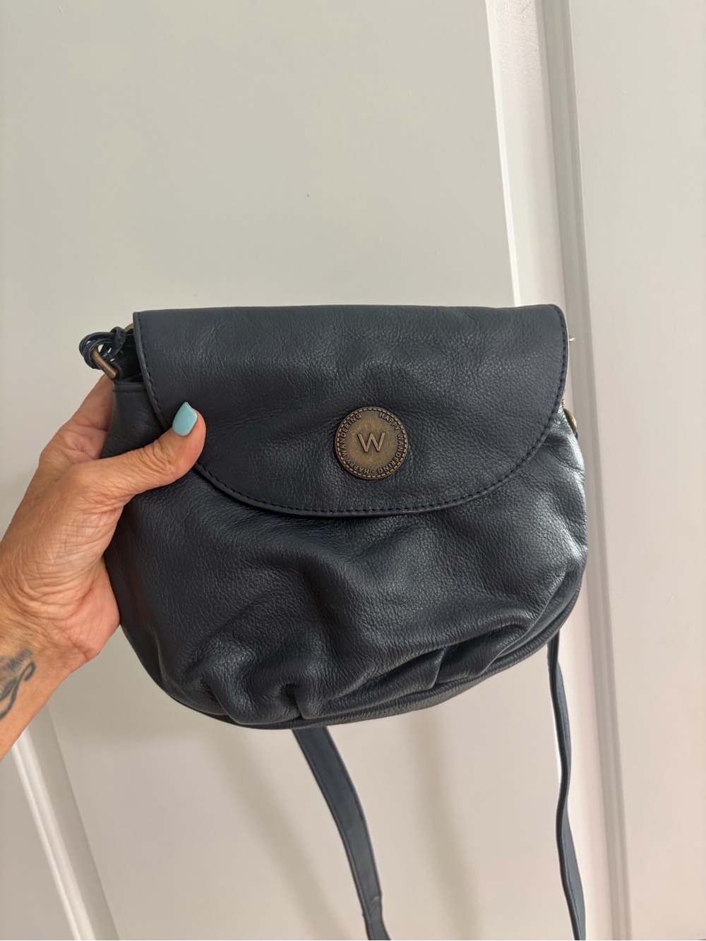 Wander Navy Leather Crossbody with Brass Logo